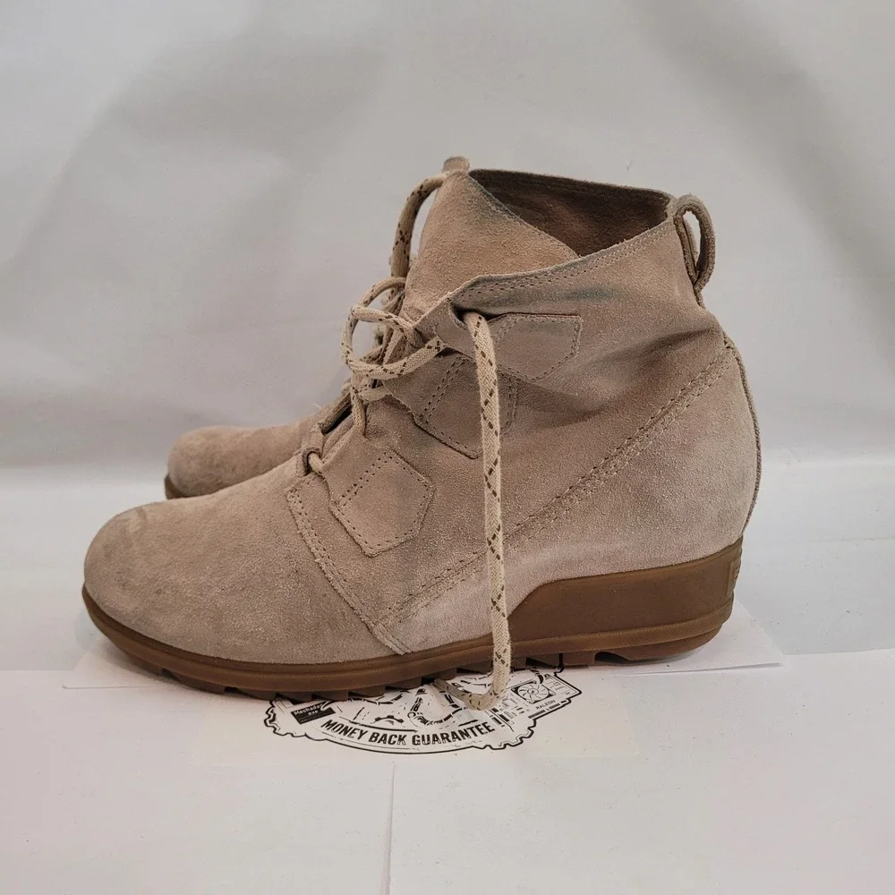 Sorel Evie Sport Lace Leather Boots Womens 9.5 Grey Suede Wedge NL3322-271
